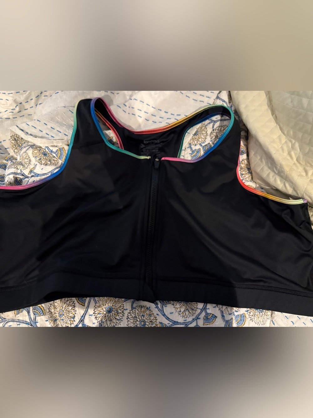 New in Package TomboyX Black Front-Zip Swim Sports Bra with Ombré Rainbow Piping